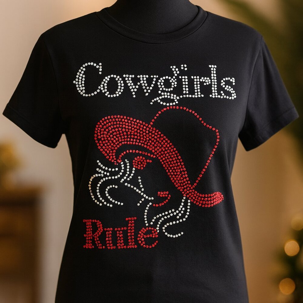 Cowgirls Rule Rhinestone T-Shirt –  Western Sparkle Tee  Description: